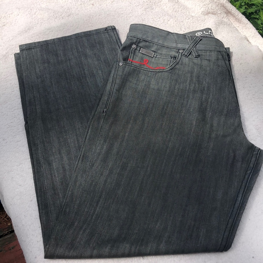 LGR gray jeans with mainly red embroidery Size 36.  Barely used
